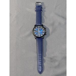 Geneva men's watch with a black case and a blue faux leather strap. #214
